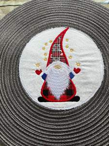 Round 15" placemat embroidered with Christmas Gnome